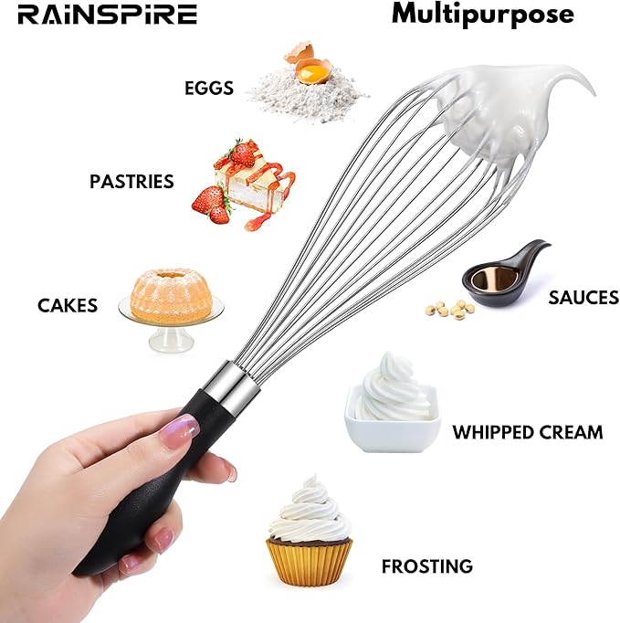 Rainspire 12-Inch Wire Whisk Stainless Steel, Balloon Whisks for Cooking, Wisk Wisking Tool With Soft Silicone Handle, Thick Durable Whisker for Blending, Beating, Whisking, Stirring, Black
