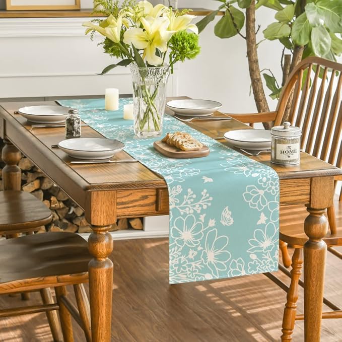 Artoid Mode Blue Bloom Flowers Butterfly Spring Table Runner, Seasonal Holiday Kitchen Dining Table Decoration for Home Party Indoor 13x60 Inch