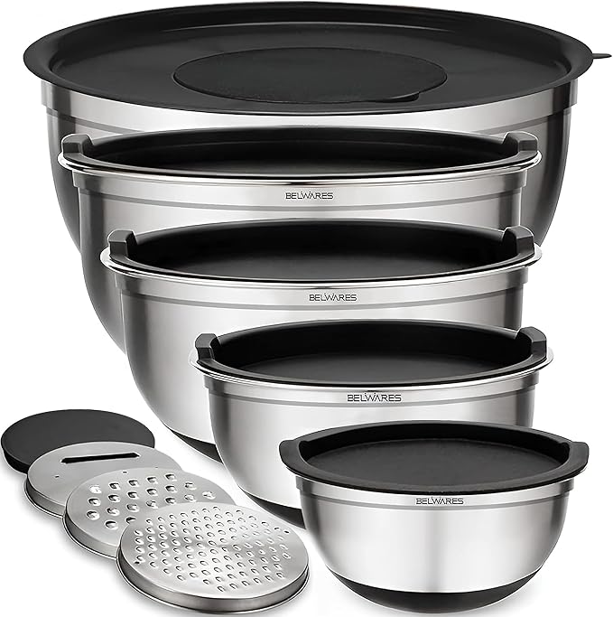 Belwares Mixing Bowls with Lids Set of 5 - Stainless Steel Mixing Bowl Set, Kitchen Nesting Metal Bowls with Non Slip Bottoms + 3 Grater Attachments, Airtight Lids, Food Prep + Storage, Matte Black