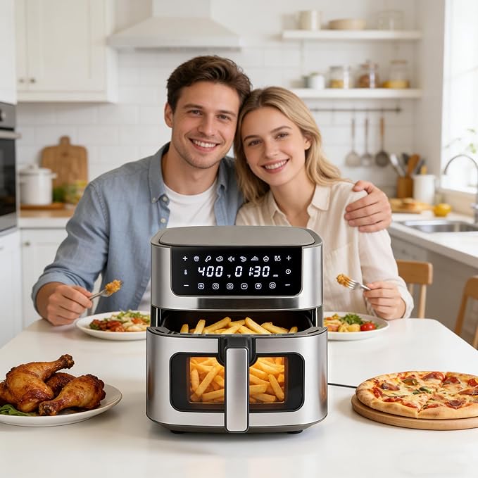 NEWBULIG Air Fryer 6.34QT, Airfryer with Visible Window, 400℉ Fast Heating Air Fryers Oven with Nonstick and Dishwasher-Safe Basket, 8-in-1 Cooking Preset, Timer，Auto-Off, Stainless Steel, Grey