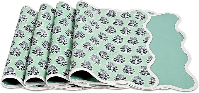 CPC Cotton Placemats Poppy Blue Set of 4-Hand Block Printed Reversible Placemats, Flower Scalloped & Embroidered Cloth Table Mats - 14 x 20 inch Gift for Spring, Mother's Day