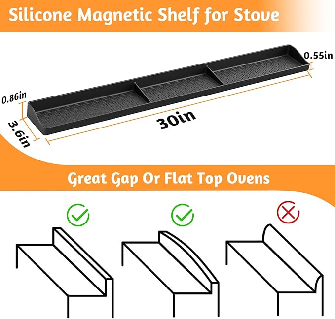 Magnetic Stove Top Shelf 30 Inch - Heat Resistant Silicone Over the Stove Shelf Spice Rack Organizer - 3 Functional Partitions Kitchen Organization and Storage for Spices, Oils & Gadgets (Black)