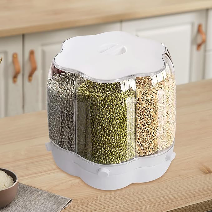 Cereal Dispenser Countertop 360° Rotating Grain Storage Container 13.2-27.56 Lbs Rice Dispenser 6 Grids Dry Food Dispenser Candy Dispensers for Grains, Beans, Rice (White, 17.64Lbs)