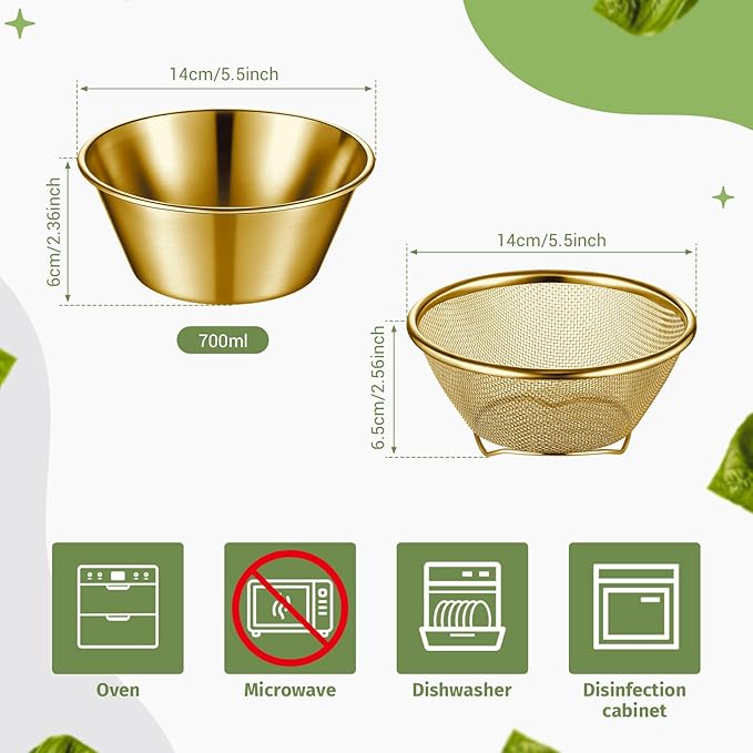 Baderke 2 Pcs Mini Colander & Food Strainer 304 Stainless Steel Small Mixing Colanders Bowl Rice Strainer for Kitchen Cooking Fruit Washing Vegetable(5.51 x 2.36 Inches,Gold)