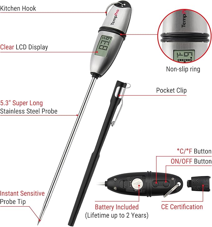 TempPro TP02S Digital Food Thermometer for Cooking Bread Baking Sourdough Liquids, Meat Thermometer Digital with Super Long Probe for Kitchen BBQ Yogurt Candy Making Accessory (Previously ThermoPro)