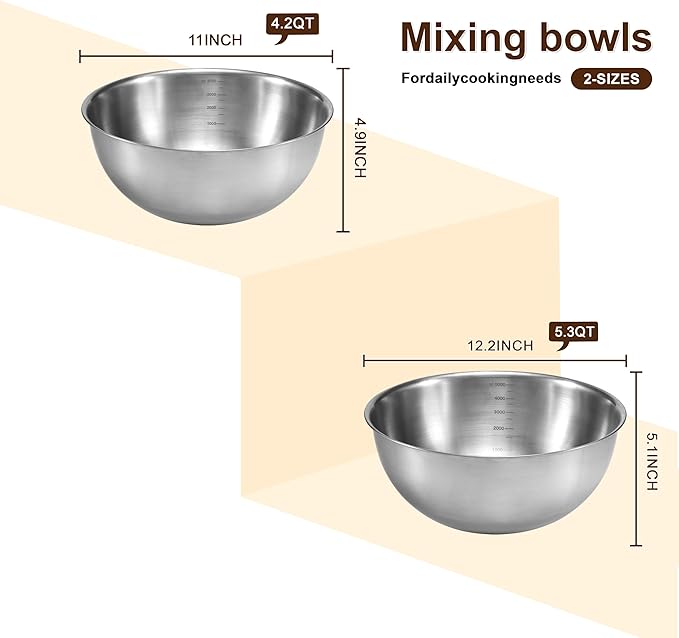 Gronivex 2-Piece Stainless Steel Mixing Bowls Set, Food Grade 304, Dishwasher Safe & Stackable for Baking, Tossing Salads, and Meal Prep for Your Kitchen (2 pack-4.2、5.3qt, no lid)