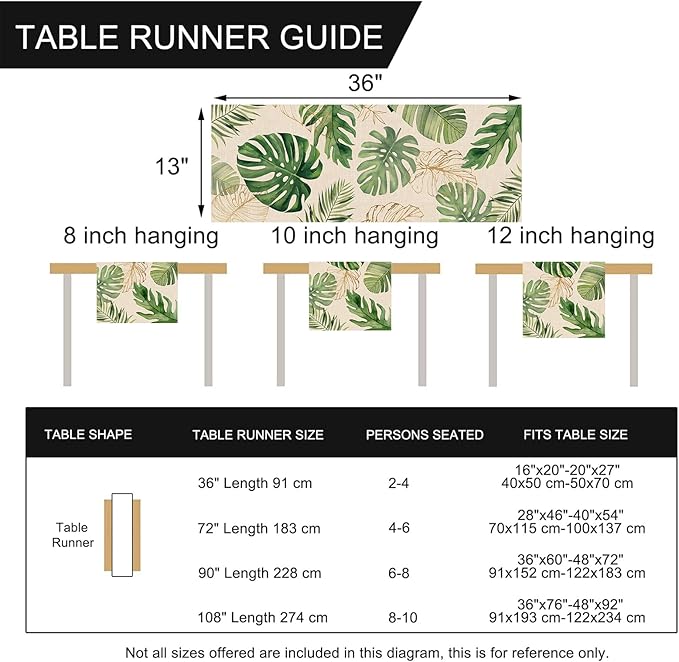 Seliem Summer Palm Leaves Tropical Greenery Table Runner, Monstera Home Kitchen Dining Plant Decor, Spring Seasonal Decorations Indoor Outdoor Hawaii Luau Anniversary Party Supply 13 x 36 Inch