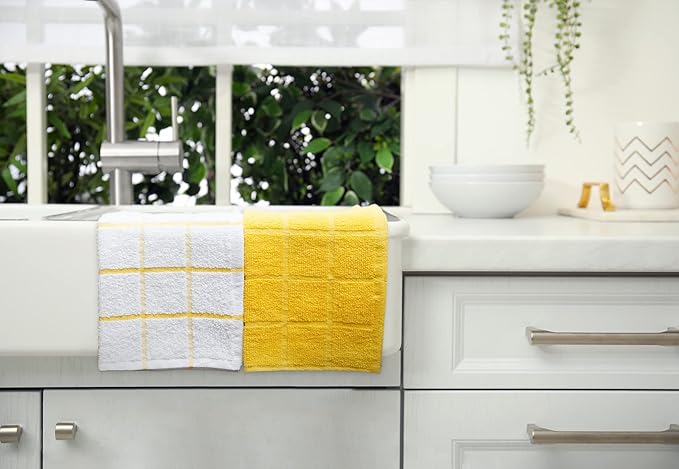 100% Cotton Terry Dish Cloth & Dish Towel, 8 Pack, Super Soft and Absorbent Kitchen Towels, Perfect for Kitchen Cleaning and Dish Washing (Yellow (Solid and Checks) 8 Pack)