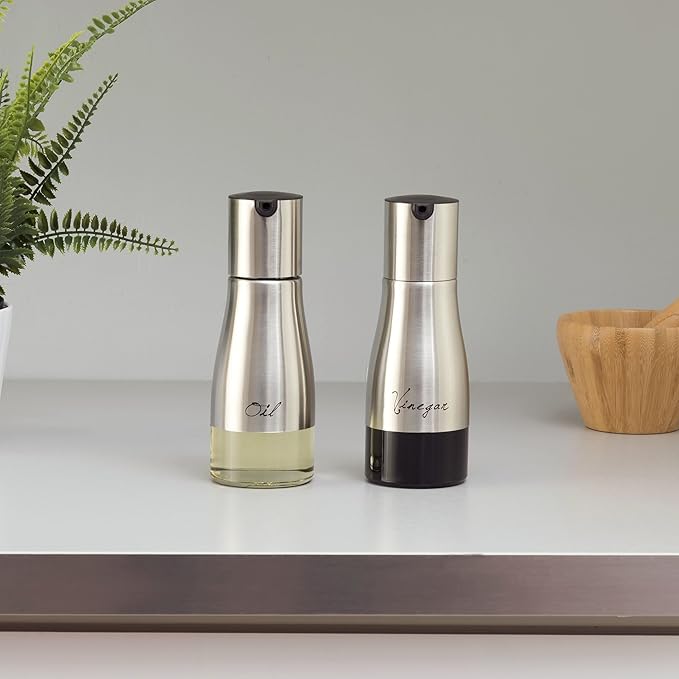 Oil and Vinegar Dispenser Set by Home Basics | Brushed Stainless Steel & Glass Containers with Anti-Drip Spout Lid | Easy Refill with Screw Tops | Labeling in Script "Oil" & "Vinegar"
