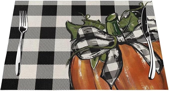 Fall Pumpkin Placemats 12x18 Inch Set of 4, Black White Plaids Pumpkin Table Place Mat Thanksgiving Autumn Orange Harvest Washable Table Mats Decorative Linen Fabric Table Mat for Dining Table