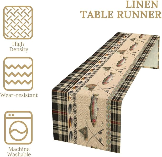 Fishing Table Runner Vintage Rustic Cabin Rods Lure Southwestern Check Art Printed Dinner Runner for Home Kitchen Dining Table Decor Fabric 1 Panel W13xL108in