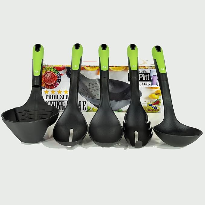 Supa Ant 5 Pieces Kitchen Cooking Utensils Set, XL Canning Scoop - Nylon Ladle with Holes - Pasta Spoon/Fork - Slotted Spoons Kitchen Gadgets Utensil Set
