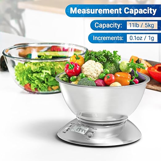 GRAM PRES Kitchen Food Scale Digital Weight Grams and Oz，Professional Stainless Steel Digital Kitchen Food Scale 11lb/0.1oz with Bowl for Weight Loss Dieting Baking Cooking