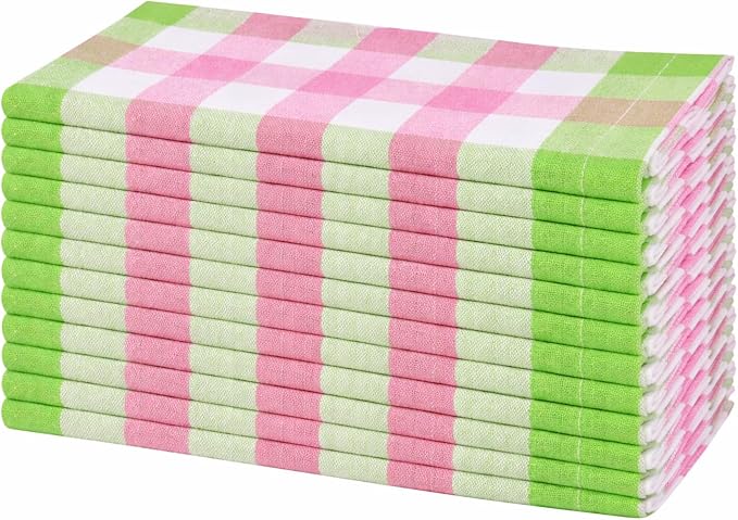 Cloth Napkins Set of 12, Cotton Dinner Napkins 18x18 Inch, Soft Absorbent Gingham Check Napkin for Restaurant, Table Décor, Reusable Washable for Everyday Use - Apple Green/Blush Pink/White