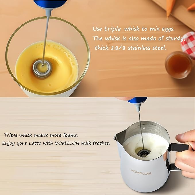Milk Frother Handheld, Battery Operated Coffee Foamer Drink Mixer with 2 Stainless Steel Electric Whisks for Coffee, Latte, Cappuccino, Hot Chocolate, Protein，Egg Batteries Included,Blue