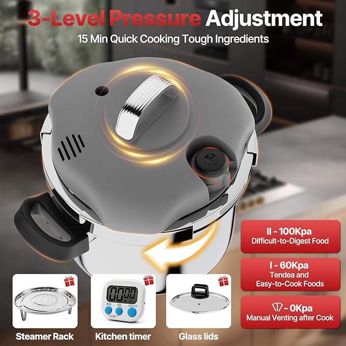 Pressure Cooker Stainless Steel,One-Hand Locking/Rotating Lock,Compatible with Gas & Induction, Fast Cooking for Large Meals,Dishwasher Safe,Olla de Presion (9 Quatrs)