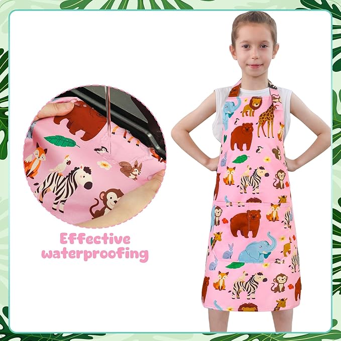 2 Pack Kids Apron, Cute Cooking Aprons, Waterproof Art Apron with Pockets, Toddler Painting Artist Apron Adjustable