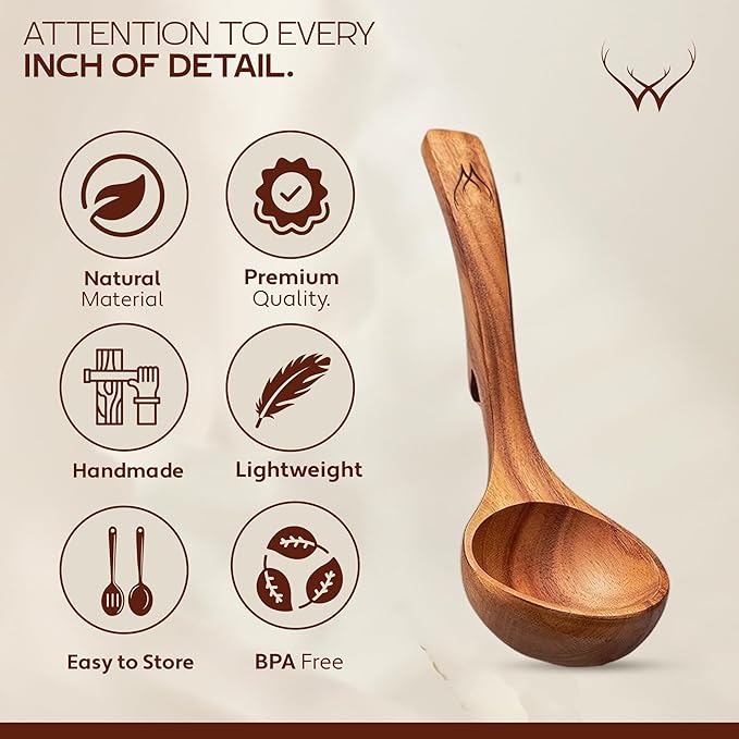 4Pcs Wooden Ladle Set – Teak Wood Soup Spoons with Hook Handles for Cooking, Serving, Stirring – Non-Stick Wooden Spoons for Pot & Bowl Use