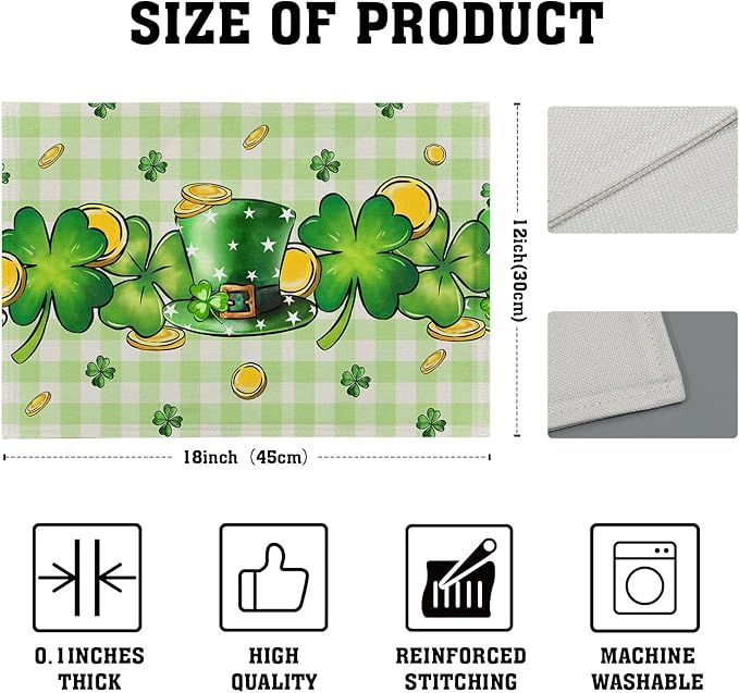 St. Patrick's Day Clover Top Hat Placemat Set of 4,Lucky Shamrock Gold Coin Dining Place Mat Table Decor 12x18 Inch Buffalo Plaid Seasonal Spring Table Mats for Home Party Kitchen Decoration