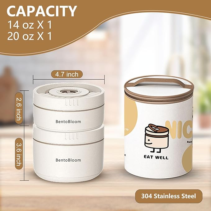 Bento Box Adult — Round Stackable Lunch Box for Women (450ml & 600ml) with Insulated Carry Bag | 304 Stainless Steel Removable Inserts | Microwave & Dishwasher Safe, White