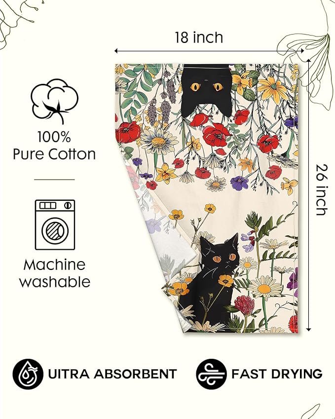 Miss Adola Flour Sack Kitchen Towels - Set of 2 Spring Dish Towels with Hanging Loop 18x26 Inch Absorbent Reusable Cotton Cloths for Cleaning Cute Design Home Decorative Housewarming, Cat in Grass