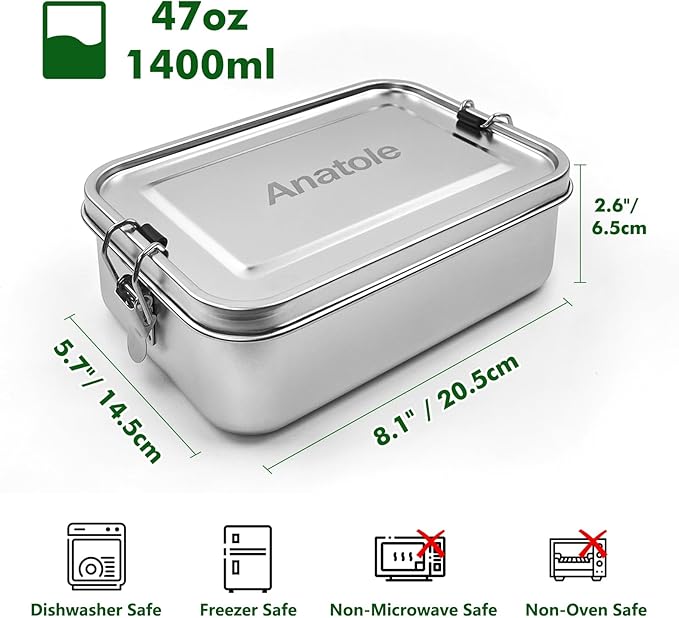 Anatole 304 Stainless Steel Bento Box 47oz 1400ml Leak-Proof Lunch Box with Removable Divider BPA Free Dishwasher Safe Food Container for Adults Office Camping Picnic Travel