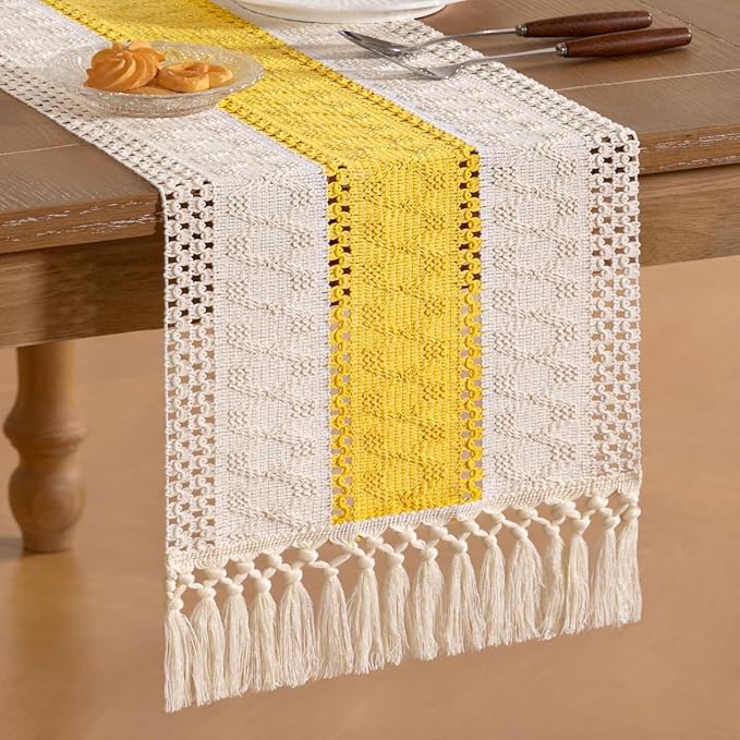 Socomi Boho Table Runner Macrame Long Easter Spring Farmhouse Woven Cotton Linen Rustic Coffee Table Runner with Tassels for Dresser Scarf Home Decor Dining Room 12x108 in Yellow Gold Ivory