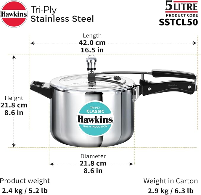 Hawkins Classic 5 Litre Tri-Ply Pressure Cooker, Triply Stainless Steel Inner Lid Cooker, Silver (SSTCL50)
