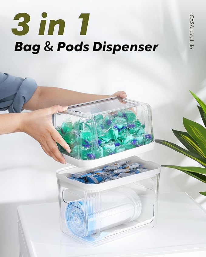 iCASA Trash Bag Dispenser Dishwasher Pod Organizer, 3 in 1 Grocery Garbage Bags Holder Storage Box Clear Laundry Room Pods Dishwasher Tab Cleaner Tablets Container Pantry Kitchen Under Sink Organizers