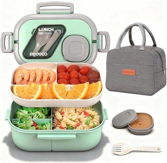 PEDECO Bento Box Set with Lunch Bag, Lunch Containers for Women&Men&Kids. Leakproof 3-Compartment and 2-Tier Stackable Container with Portable Sauce Pod, Microwave/Dishwasher Safe, BPA-Free (Green)