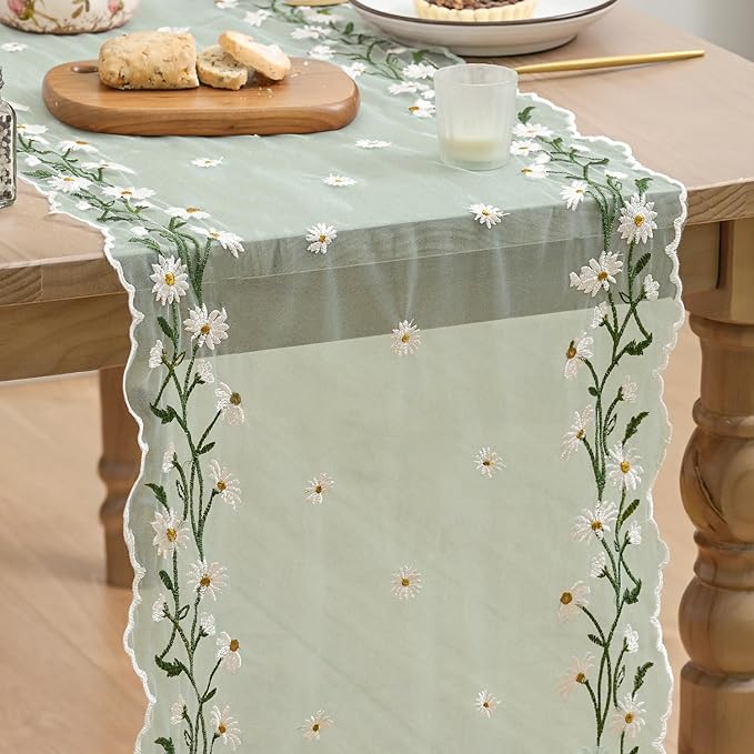 Artoid Mode Daisy Floral Sage Green Shaped Gauze Embroidery Table Runner 120 Inch 10FT, Tulle Spring Summer Kitchen Dining Table Decor for Home Party