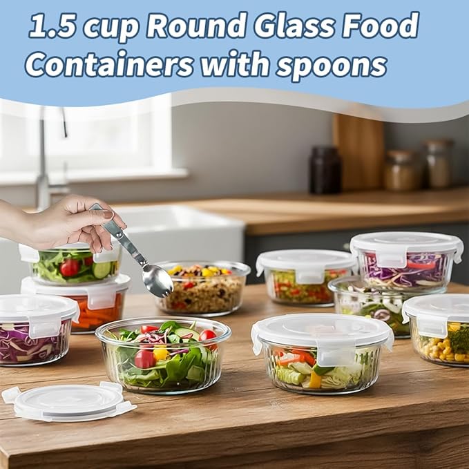 H.JSS WDJS 1.5 cup Round Glass Food Containers with Lids and Spoon, 12oz Small Glass Lunch Storage Containers, Small Round Meal Prep Bowls for Office, Outdoor. Microwave, Freezer, Dishwashe safe