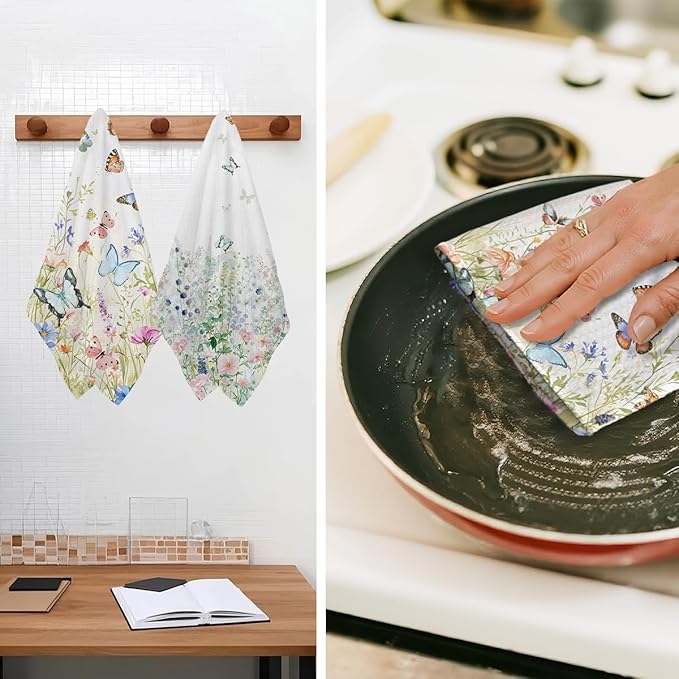 Jztco 2Pcs Butterfly Kitchen Towels, Floral Tea Towel Decorative Reusable Dish Hand Towels Butterfly Gifts for Cleaning Drying Women Mom Housewarming Gifts 14 x 24 Inch Kitchen Home Decor