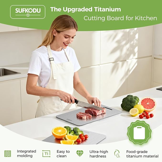 Titanium Cutting Board, 100% Pure Titanium Cutting Boards for Kitchen, Double-sided Titanium Cutting Boards,Separate Raw and Cooked Food Areas,Non-Toxic,Dishwasher Safe 13”L × 8”W