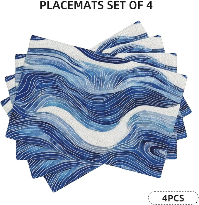 Blue and White Ocean Inspired Linen Placemats Set of 4, Washable Heat-Resistant Decorative Coastal Navy Blue White Wave Patterned Table Mats for Home Dining Parties, Gift for Beach Lovers, Home Decor
