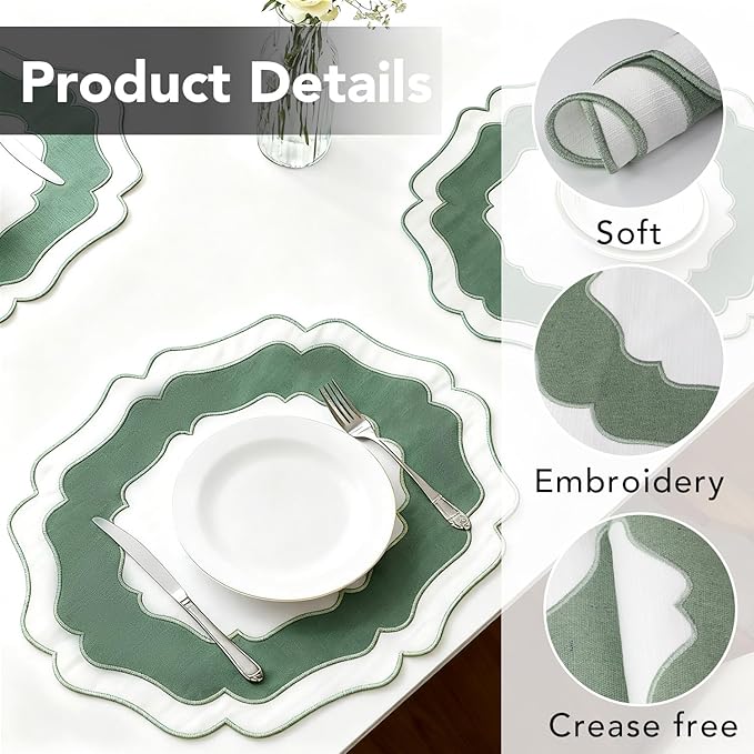 Embroidery Cotton Linen Placemats Set of 4, HADEEONG Table Mats Cloth Placemats, Washable Wrinkle Resistance, Double Layer Scalloped Fabric Placemats, 17.7 x 13.4inch (White with Green, 4)