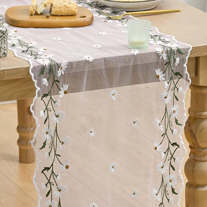 Artoid Mode Daisy Floral Light Pink Shaped Gauze Embroidery Table Runner 120 Inch 10FT, Tulle Spring Summer Kitchen Dining Table Decor for Home Party