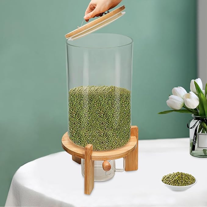 7.5L Cereal Dispenser, Bamboo Grain Storage Barrel with Sealed Lid and Wooden Stand, Cereal Container for Pantry Organization and Storage