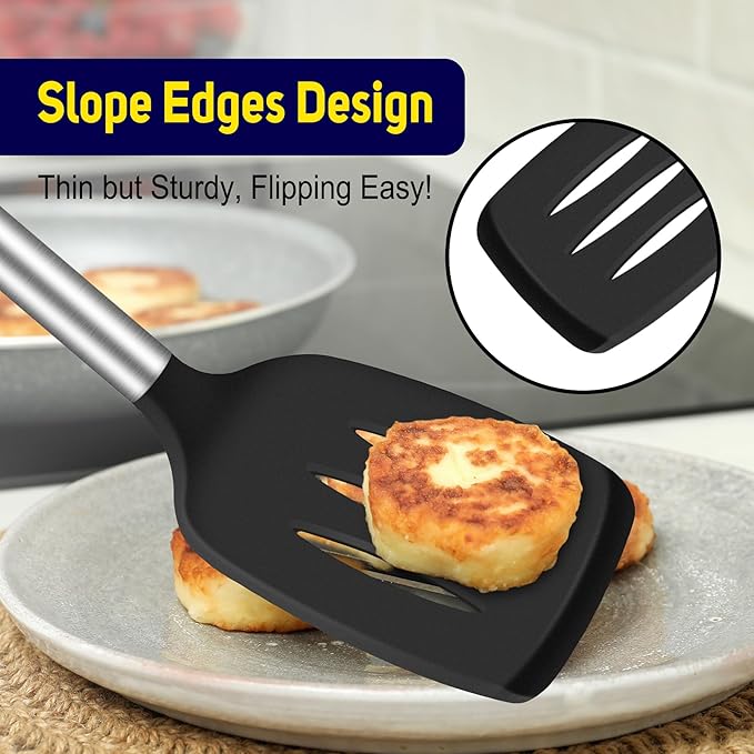 HOTEC Silicone Spatula Set of 2 Heat-Resistant 600°F & BPA-Free Kitchen SaptulaTurner with Stainless Steel Handles, Slotted & Solid Spatulas for Nonstick Cookware, 13.7 Inch, Black