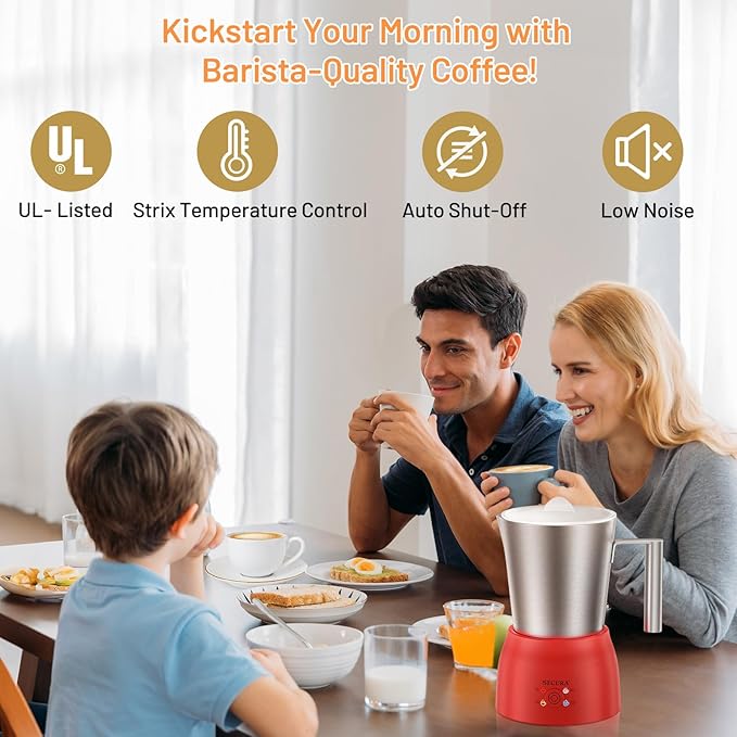 Secura Detachable Milk Frother and Steamer, 17 oz Electric Milk Warmer, 4-in-1 Hot/Cold Foam Maker, Teflon-Free Stainless Steel Jug, Dishwasher Safe for Latte, Macchiato, Hot Chocolate (Red)