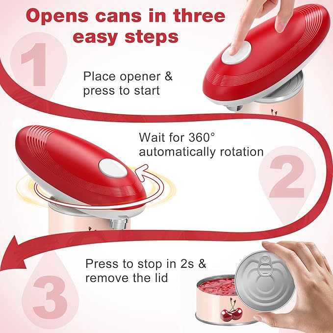 Electric Can Opener, Food Safe Automatic Can Opener with Smooth Edge, Open Your Cans with A Simple Press of Button, Can Opener Electric Kitchen Gifts for Seniors and Arthritis (Red)