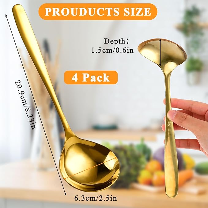 4 Pack Gold Gravy Ladles, SUS 304 Stainless Steel Sauce ladles, 8-Inch Small Soup Ladles Serving Ladle for Cooking - Dishwasher Safe