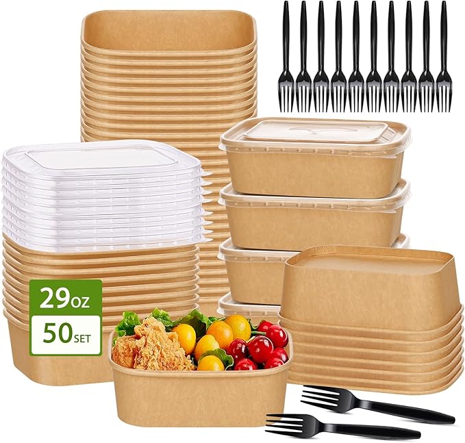 50-Pack 29oz Disposable Kraft Paper Bowls【with Lids and Forks】,Meal Prep Containers Disposable To go Food Containers for Restaurant Supplies Take Out Containers, Microwave Safe for Hot/Cold Food