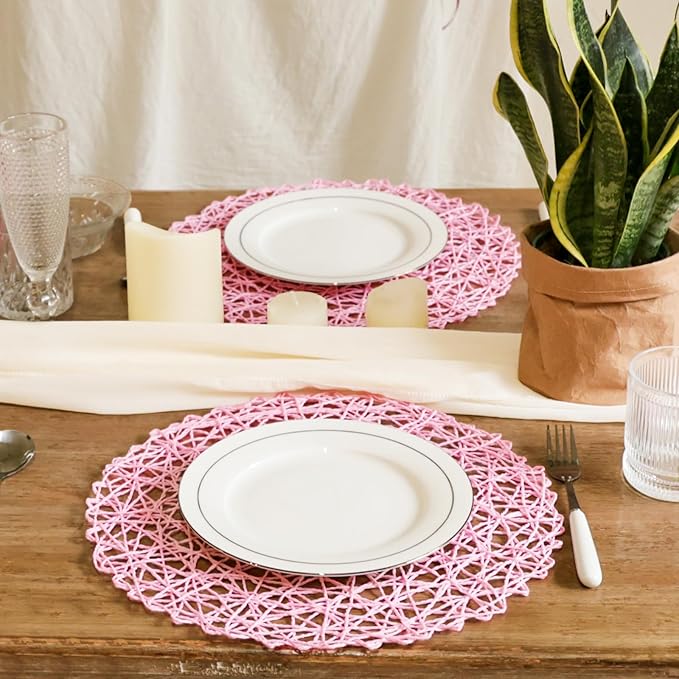 AHHFSMEI Paper Braided Round Placemats Set of 12 Natural Non-Slip Heat Resistant Table Mats for Dining Tables Woven Indoor Outdoor Place mats(Pink)