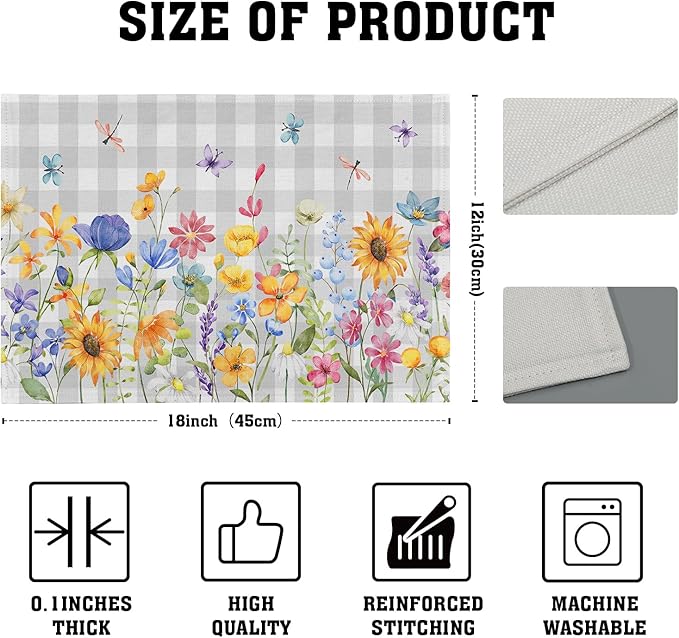 Giwawa Spring Floral Placemats, 12"x18" Summer Flowers Grey Checkered Linen Table Mats Set of 4, Watercolor Wildflower Butterfly Washable Heat Resistance for Seasonal Kitchen Dining Decor