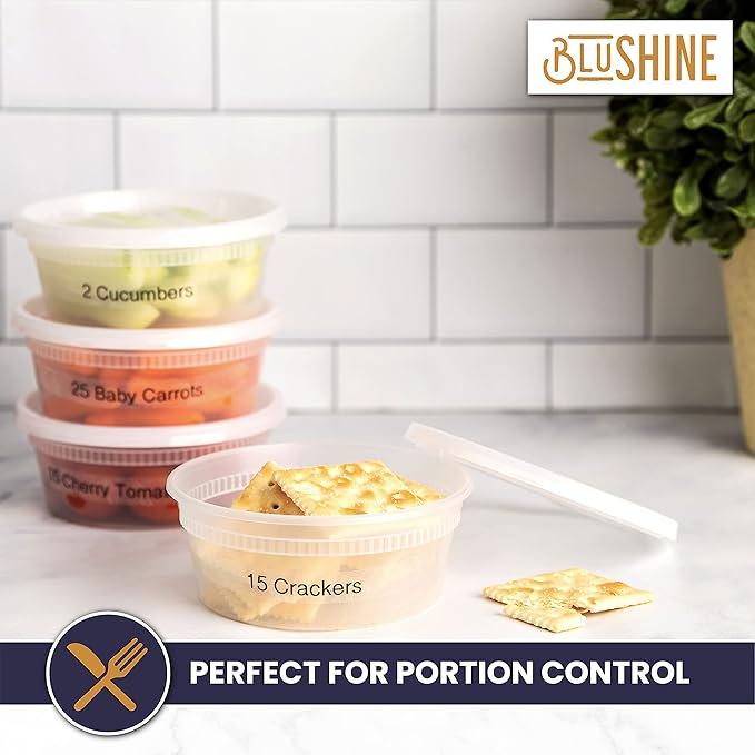 BluShine [40 Sets] 8 oz. Plastic Deli Food Storage Containers with Airtight Leak Proof Lids - Reusable - Microwave, Fridge, and Freezer Safe