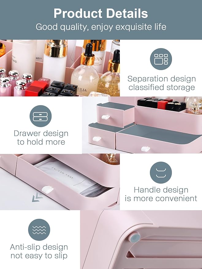 ONXE Makeup Organizer with Drawers,Large Capacity Countertop Organizer for Vanity,Bathroom and Bedroom Desk Cosmetics Organizer for Skin Care,Brushes, Eyeshadow, Lotions, Lipstick, Nail Polish