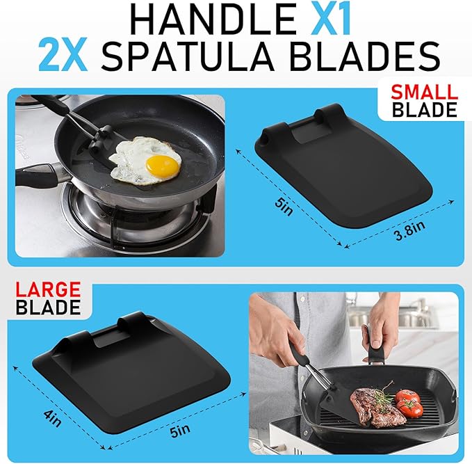 MFTEK Silicone Spatula Set, Eggs Flipper, Adjustable Angle Spatula Turner for Pancake, Fish, Burger, Swappable 2 Size Spatula Heads, Flexible, Heat-Resistant (Black)