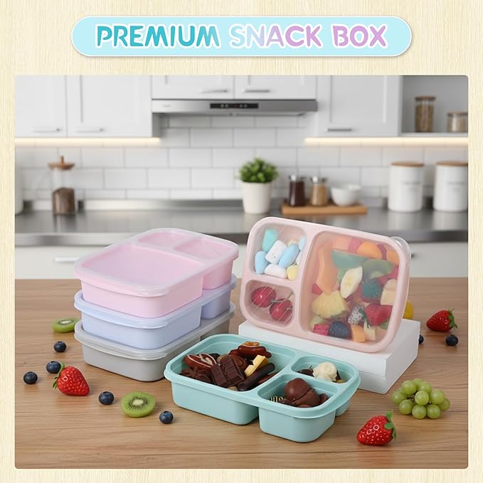 Honeydak 5 Pack Snack Containers 3 Compartment Bento Snack Boxes Divided Meal Prep Containers with Lids Reusable Adults Lunch Food Storage Box for School Work Travel(Youthful Color)
