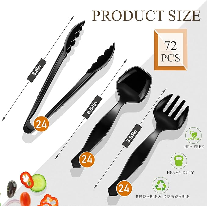 Mwellewm 72Pcs Plastic Serving Utensils Set Large Disposable Serving Spoons Fork and Tongs for Serving Food 8.5'' Heavy Duty Black Party Utensil Supplies for Buffet Restaurant Picnic Dinner Salad Soup